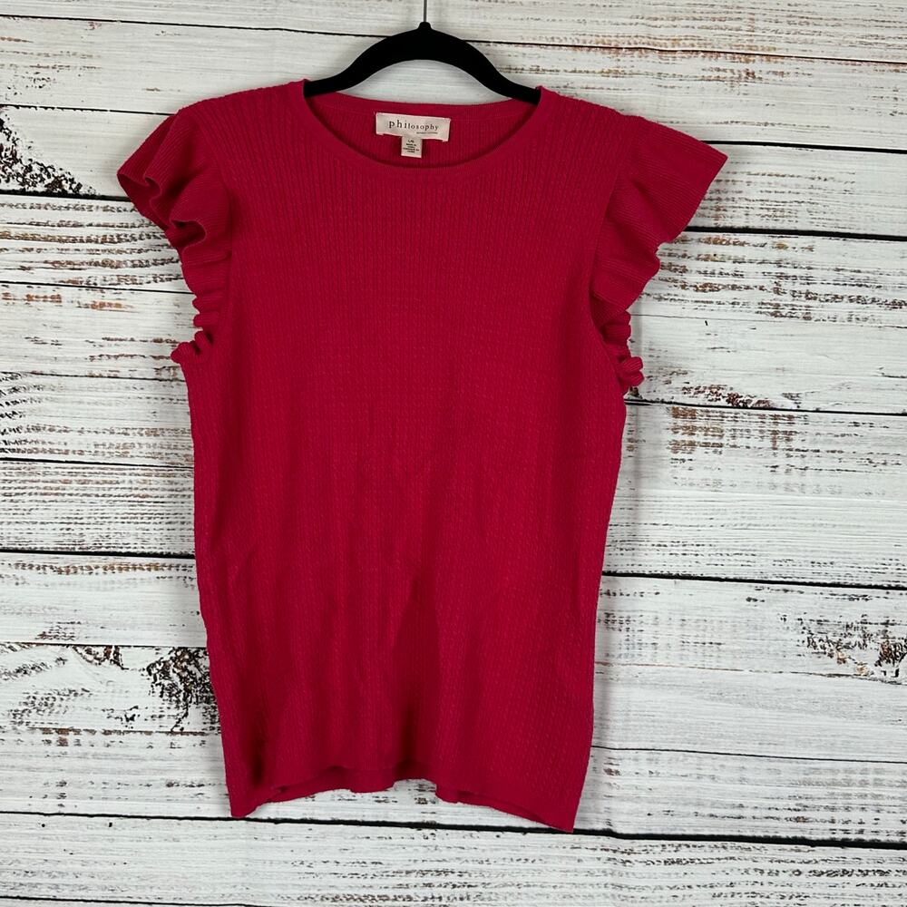 Women's Philosophy Bold Pink Ruffle Sleeveless Lightweight Cable Knit Sweater L